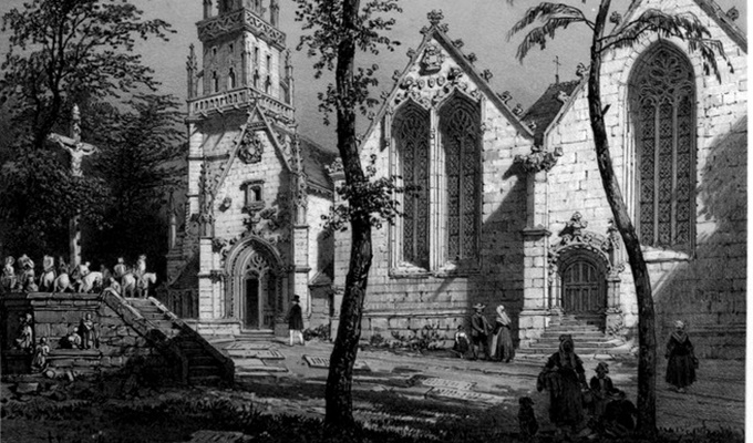 Gravure ancienne de l'Eglise Notre-Dame et du calvaire